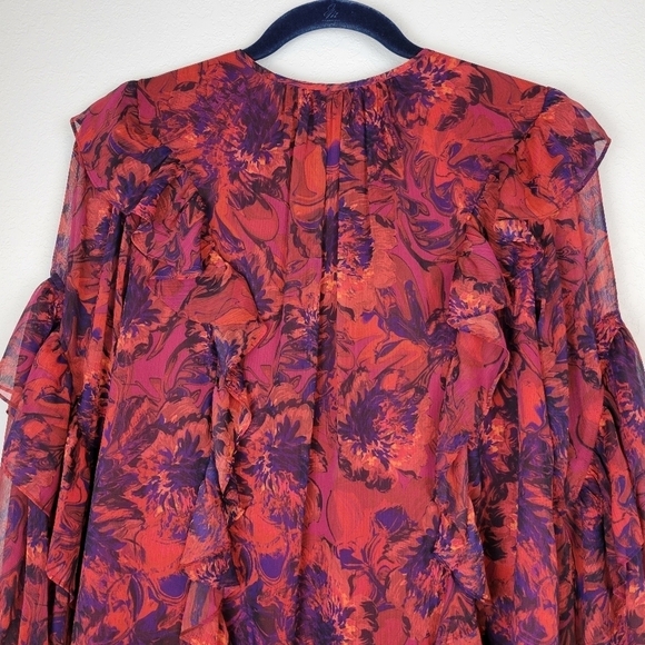 NEW Cinq a Sept Livie Floral Tiered Ruffle Chiffon Dress Dark Red Size 4 - Picture 8 of 13